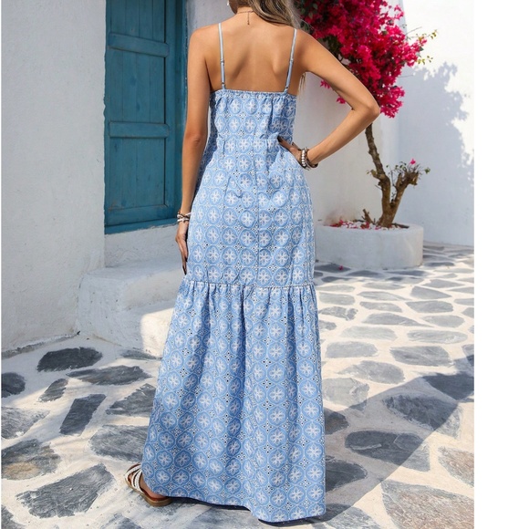 Boho Blue Ruffle Hem Cami Straps Maxi Dress - Picture 2 of 6